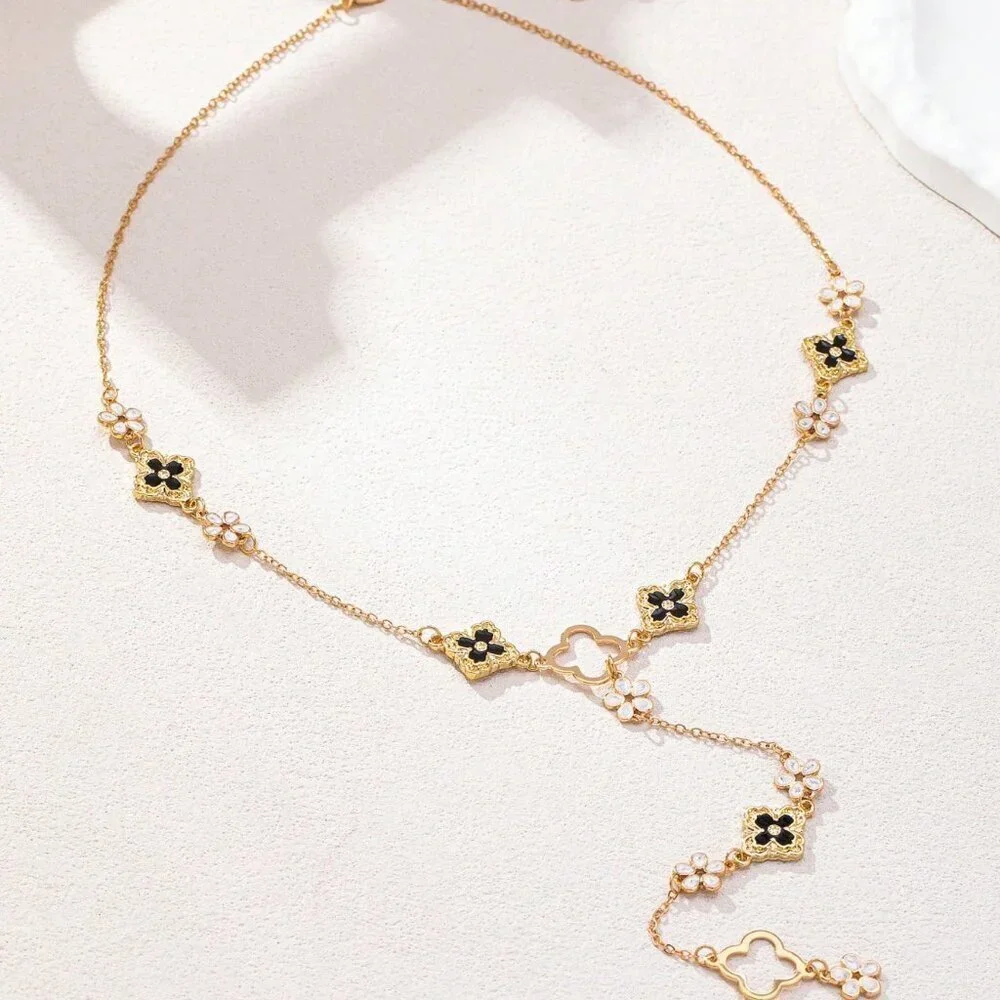 Yellow Gold Sexy Women's Lucky 5-Petal Flower Y-Shaped Long Necklace